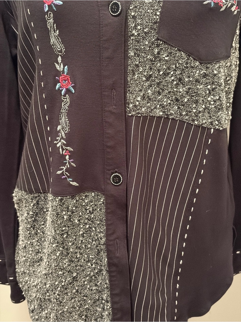 Teddi Black Patchwork Button-Up Blouse with Pink Floral Embroidery - Picture 6 of 11